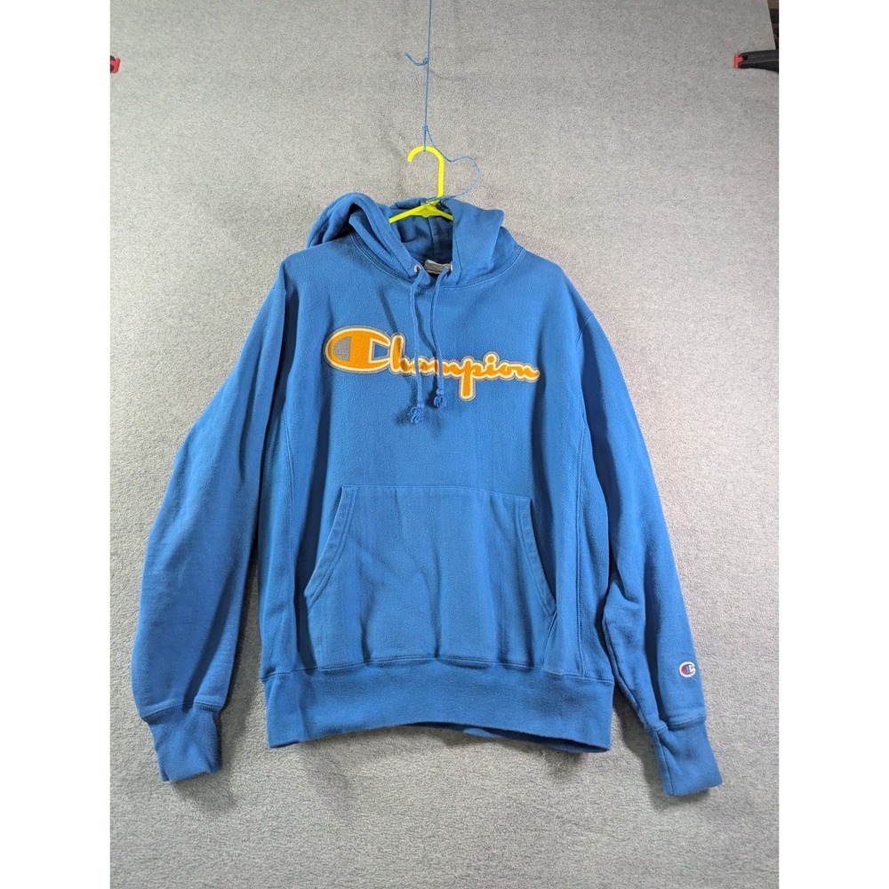 Champion Reverse Weave Spellout Hoodie Blue Men's Medium Y2K Streetwear